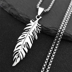 Boho Feather Pendant Male Necklace for Women Men Stainless Steel Silver Color Leaf Chain Jewelry Gift collar hombre N3393S01