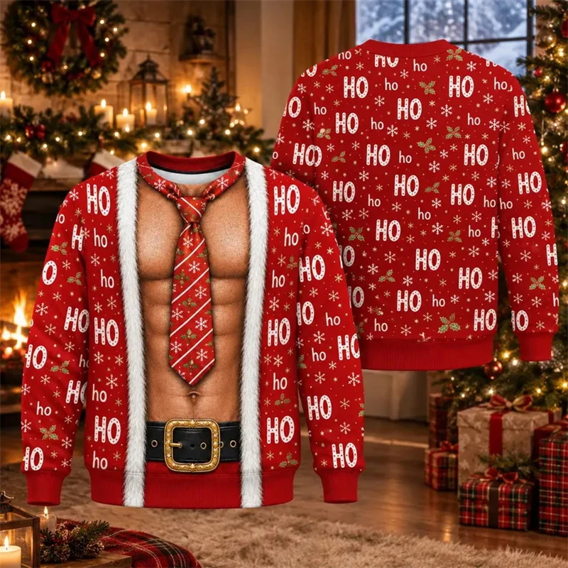 Neuartiger hässlicher Weihnachtspullover, lustiger 3D-Sweatshirt mit Fake-Muskel-Grafik, Unisex-Pullover für Herbst und Winter, Familienfeier, Weihnachtsgeschenk – Detail 8