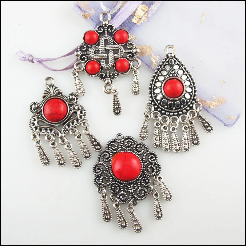 Fashion New Red Turquoise Stone Charms Flower Teardrop Crown Shield Tibetan Silver Plated Tassels Pendants Retro