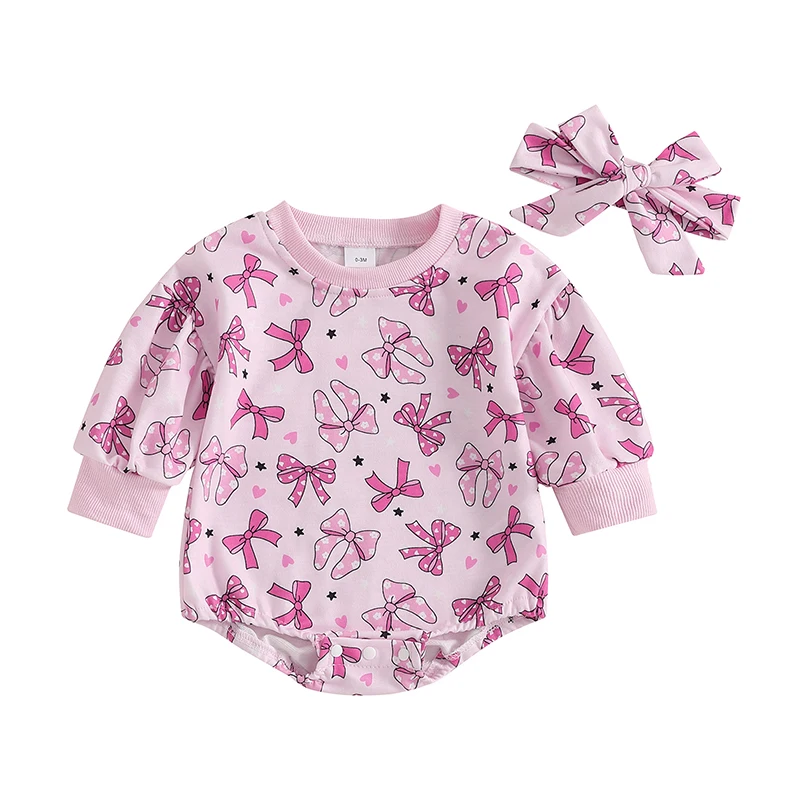 Baby Girls Sweatshirts Rompers Valentine s Day Clothes Bowknot Heart Print Long Sleeve Spring Bodysuits with Headband