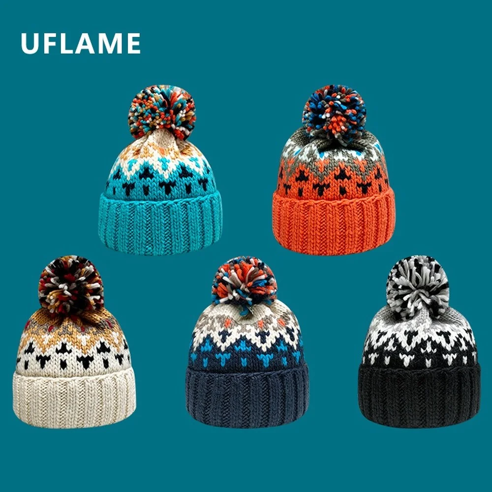 High Quality Colorful Fur Pom Pom Knitted Hat Christmas Hat with Fur Balls Winter Woollen Hat Unisex Warm Skullies Beanies Gift