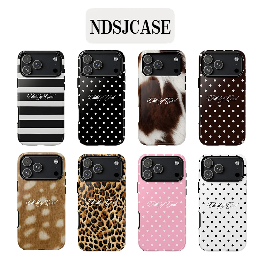 Luxuriöse Clmj Leoparden-Polka-Dot 'Child of God' Handyhülle für iPhone 17 16 15 14 13 12 11 Air Pro Max Plus Doppelschichtige Rückabdeckung