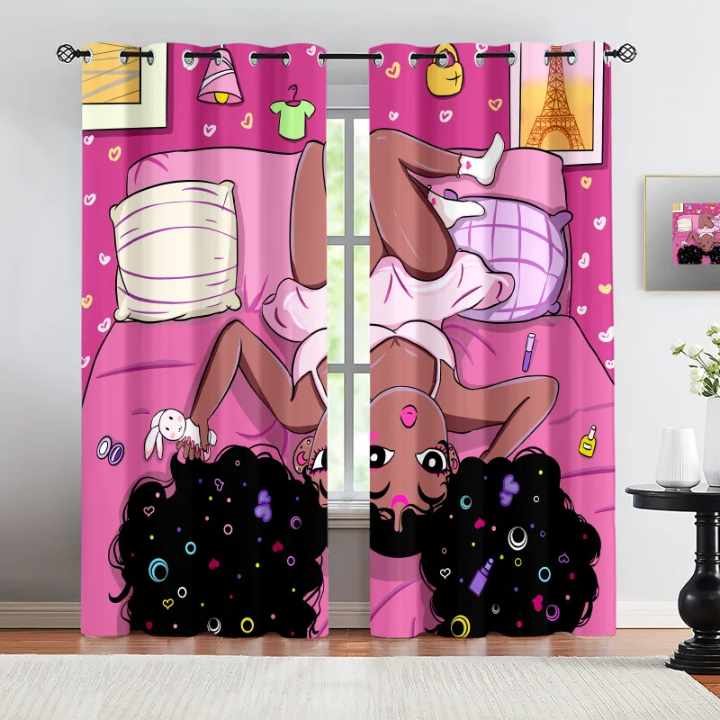 Cartoon Black Girl Print Curtains Thermal Insulated Window Drapes for Bedroom Living Room Girls Room Home Decor Light Blocking
