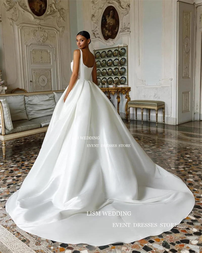 LISM-Vestido de novia de satén con tirantes finos, elegante Vestido de novia de línea A, cuello cuadrado, sin mangas, hecho A medida