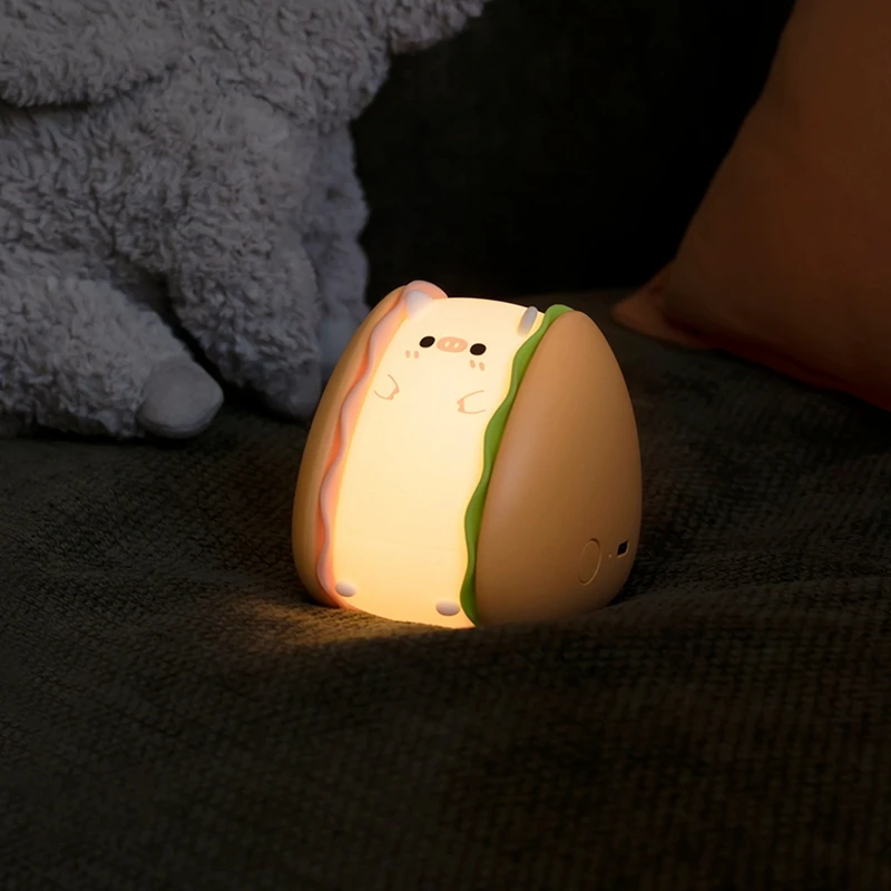 TKOH-Burger Piggy Luz nocturna de silicona, luces nocturnas, LED Squishy Novedad Animal Regalos lindos -3 niveles de brillo, sensor táctil