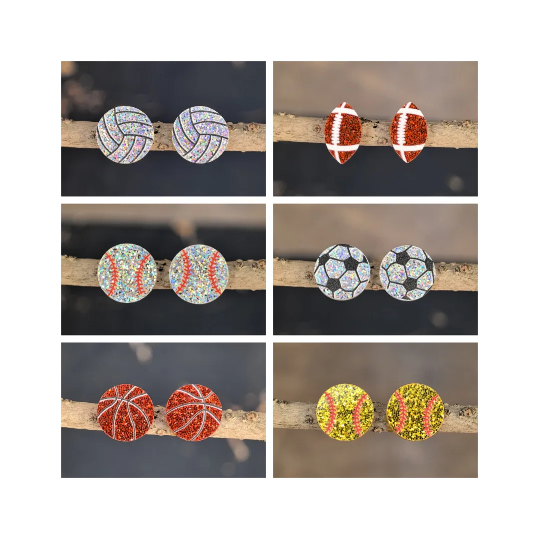 

60 Pairs Glitter Acrylic Baseball Football Stud Earrings Women Sports Team Fans Jewelry Gifts Wholesale
