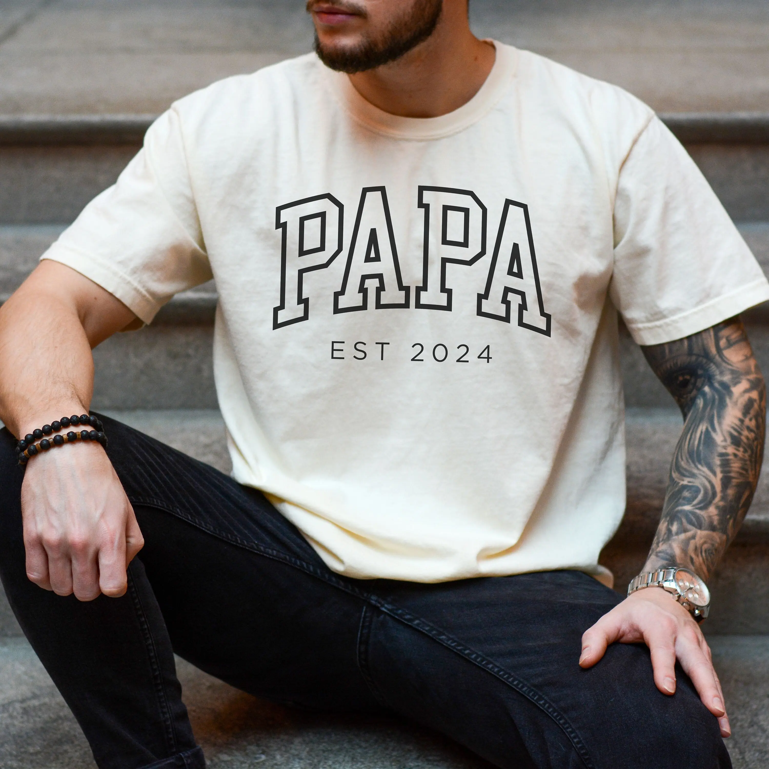 Men'S Custom Papa T Shirt Comfort Colors Dad Est 2024 For Expecting Father'S Day New