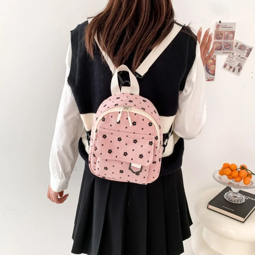 Fashion Flower Print Small Backpacks Corduroy Multiple Pocket Women Shoulder Bag Mini Lightweight Mini Backpack Ladies