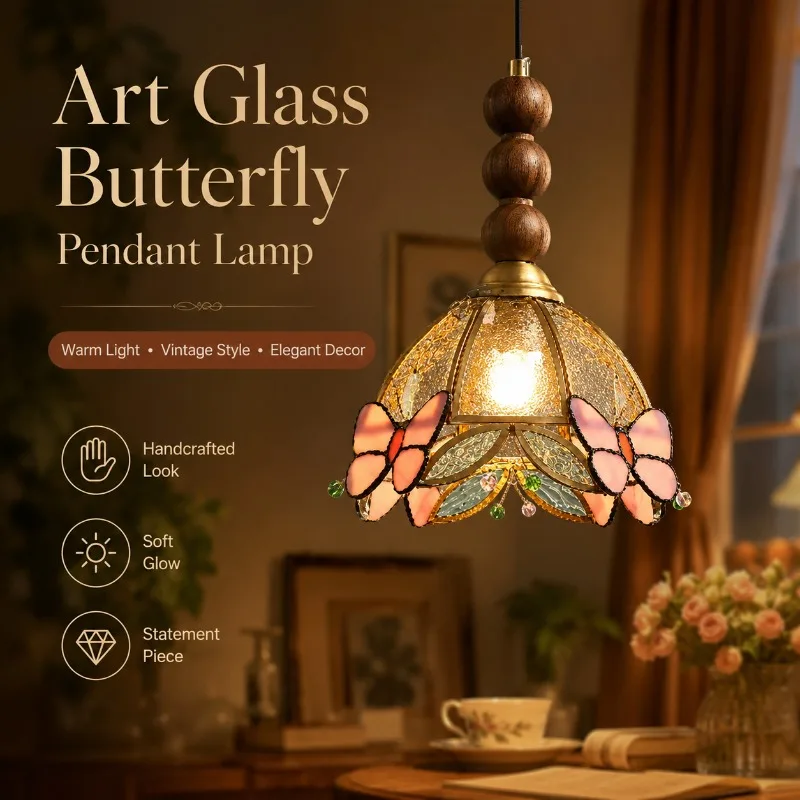 French Retro Butterfly Glass Pendant Light Brass Single Head Hanging Lamp for Dining Room Bedroom Cafe Restaurant Pendant Light