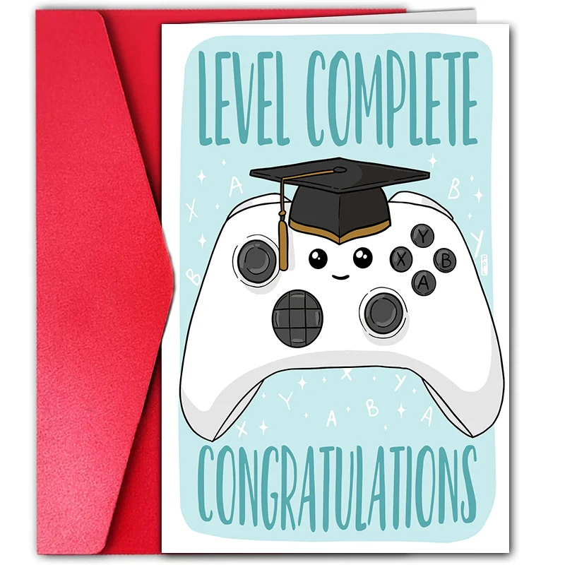 1 pc Fun and Creative Graduation Card, Graduation Hat Game Machine Cartoon Image Colored Text, Birthday Gift for Good Friends.