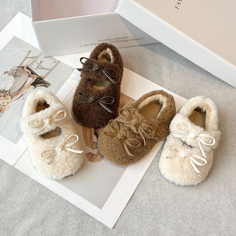 

Girls Ballet Flats 2025 Winter Fur Warm Plush Mary Jane Shoe Children Comfortable Non Slip Wearable Casual Bow Cotton Shoes