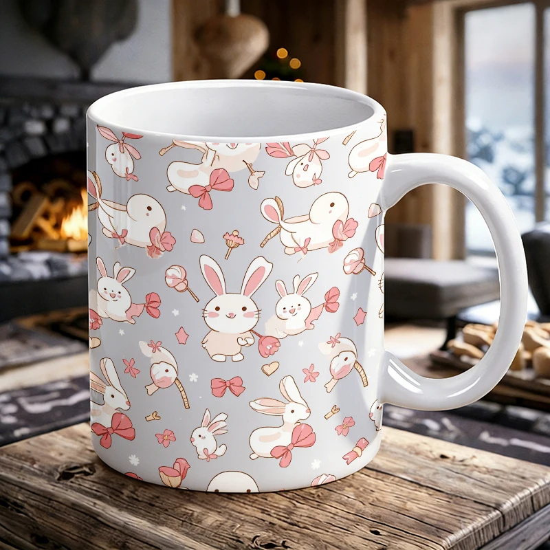 

Cute pink rabbit bow full-print ceramic cup, coffee cup, milk cup, office tea cup, drinking cup, does not fade,a gift for friend