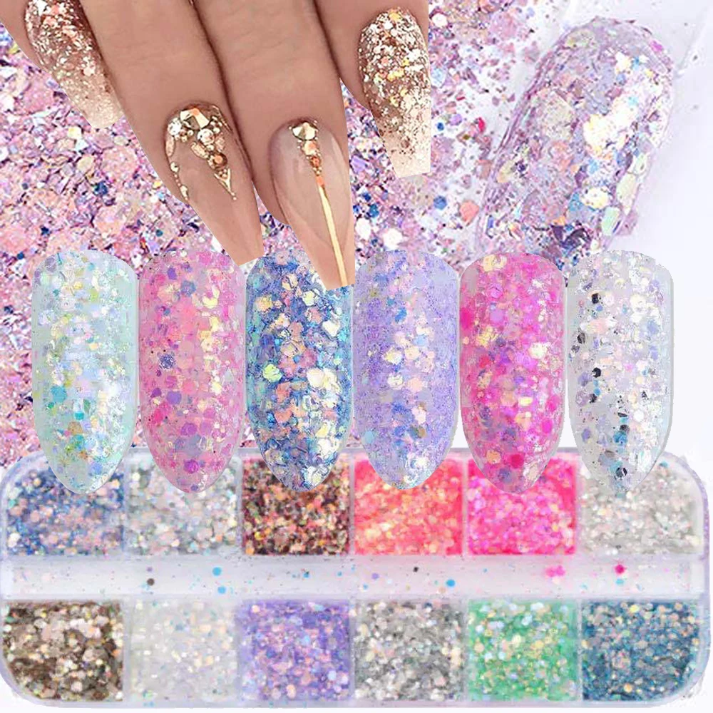 12Set Nail Glitter Holographic Pink BlingBling Mermaid Powder Flakes Shiny Press ON Hexagon Nail Art Pigment Dust Decoration