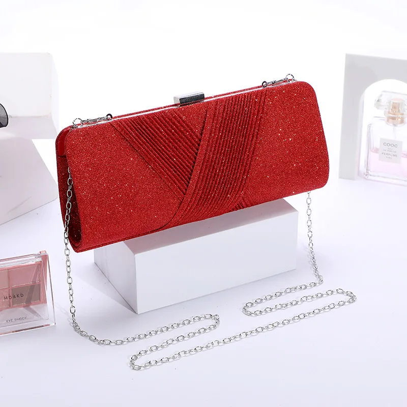 Royal Blue Evening Handbag for Women Elegant  Red Formal Dress Sequined Bride's Clutch Long Chain Prom Pleated Square Purse