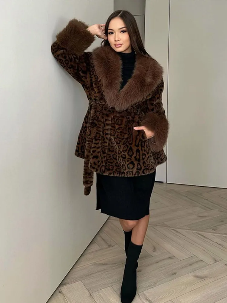 Abrigo de piel sintética con cordones y solapa de leopardo para mujer, moda de felpa con cuello en V, chaquetas holgadas y cálidas de manga larga para ir al trabajo en la calle, prendas de vestir para invierno