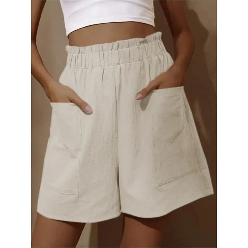 Europese En Amerikaanse Dames Katoenen En Linnen Bloemknop Hoge Taille Shorts Modieuze Vrijetijdsbroek Met Grote Pijpen
