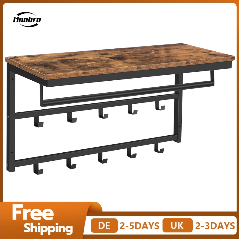 HOOBRO Wall-Mounted Coat Rack With Shelf Wall Hanging Shelves With 10 Hooks And Bars For Hallway Living Room Bedroom Bathroom