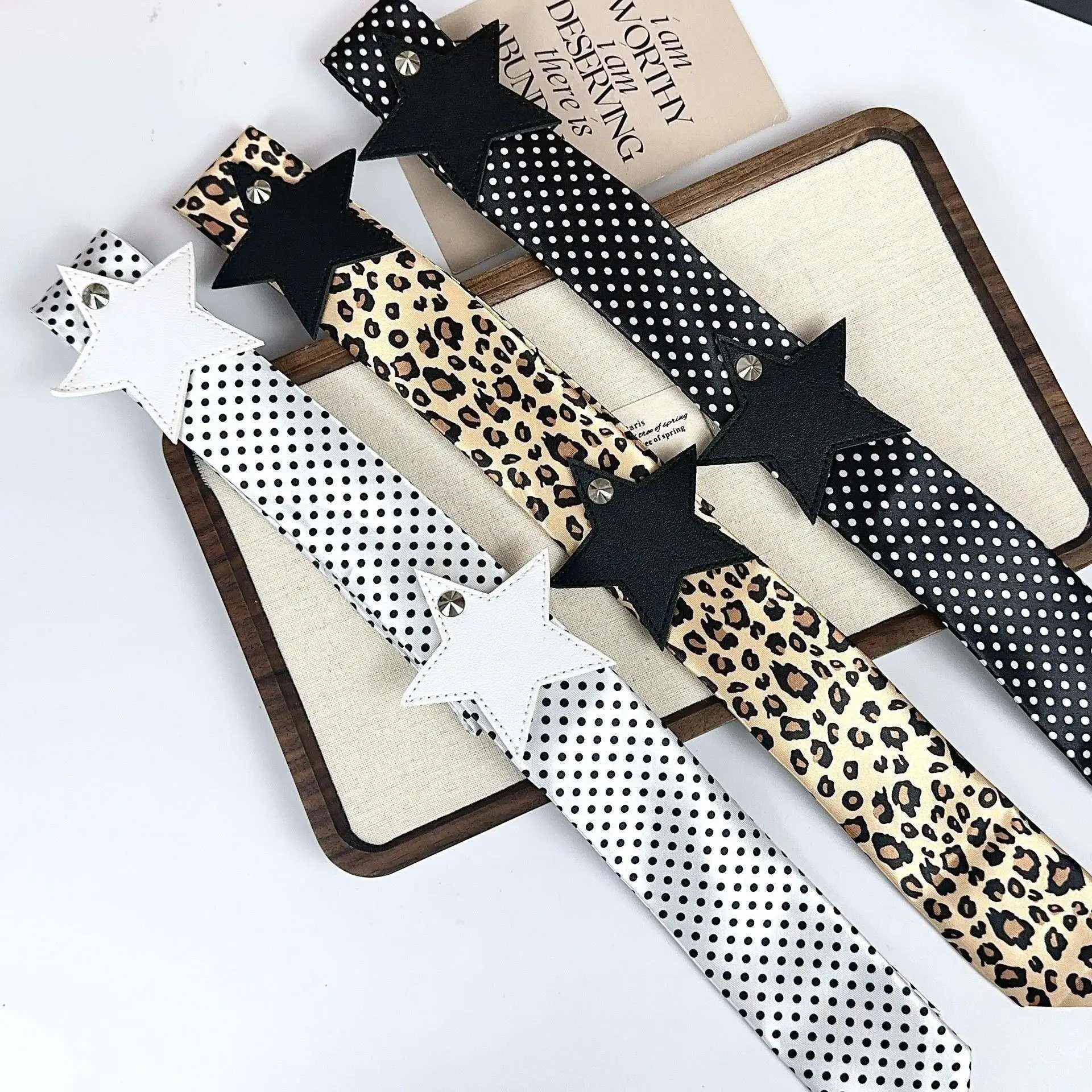 Y2K Retro Polka Dot Leopard Neck Tie Double Star Patch Multi-use Neck Sash Waist Ribbon Harajuku Streetwear Layering Accessory