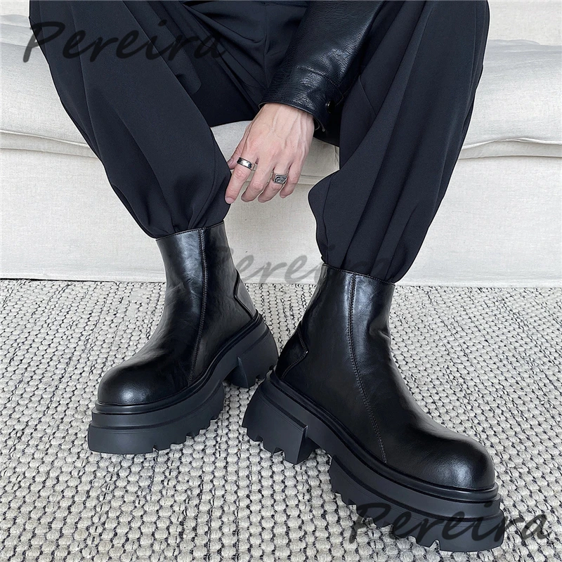 Men Round Toe Chunky Platform High-Top Boots Trendy Black Leather 7CM Height-Increasing Shoes Autumn Winter Fashion Male Shoes