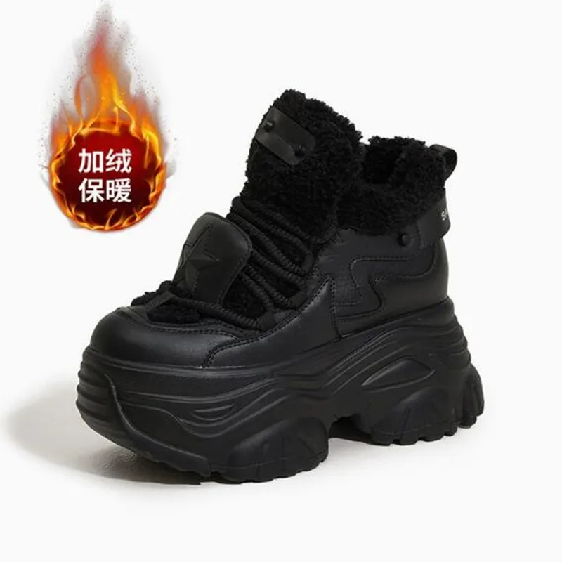 

9CM Winter Increased Height Warm Shoes for Women Fashion High Platform Thicken Sneakers Trendy Leather Chunky Shoe High Booties