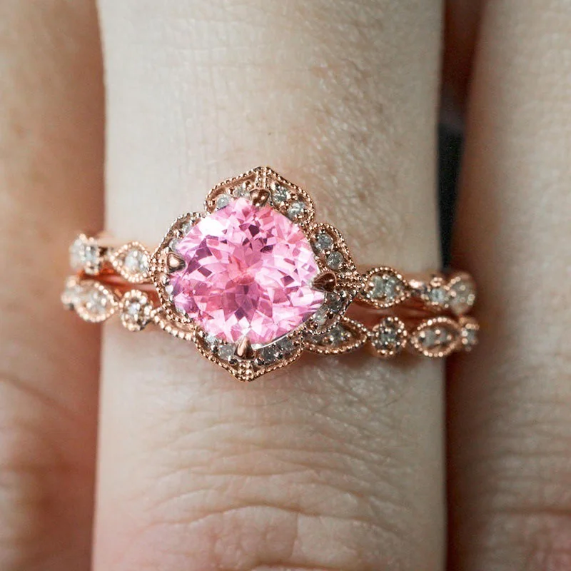 Huitan White/Champagne/Pink CZ Set Rings for Women Rose Gold Color 2Pcs Finger Rings Wedding Party Double Wear Fashion Jewelry