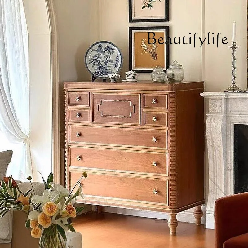 French retro solid wood carving flower chest cabinet, antique entrance locker, American seven-bucket cabinet decorated against t