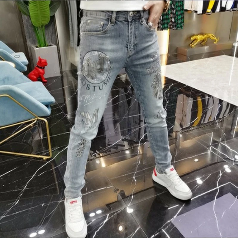 

Harajuku Men's Luxury Clothing European Streetwear Style Denim Pants Spring Lion Print Men's Designer Korean Boyfriend New Jeans