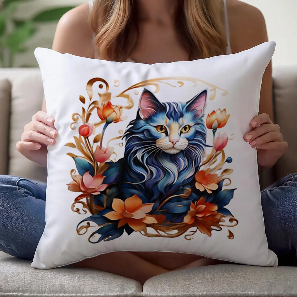 Blue and Golden Tabby Cat with Lotus Flowers Pillow Cover Vintage British Shorthair Design Decorative Cushion Case