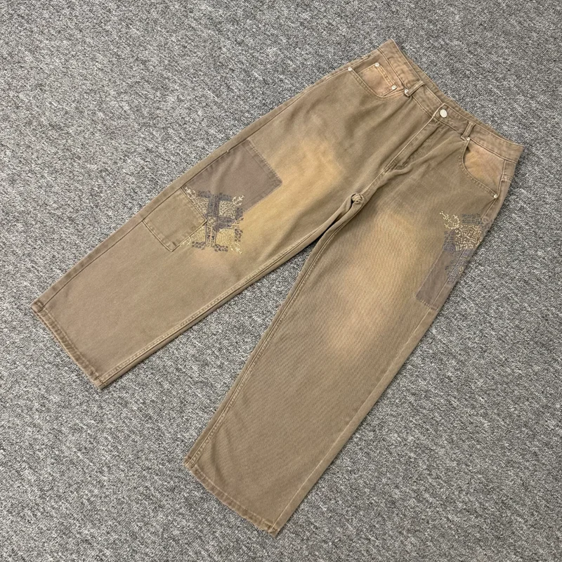 Men Vintage Washed Brown Denim Jeans Embroidery Print Loose Wide‑Leg Casual Derschutze Trousers