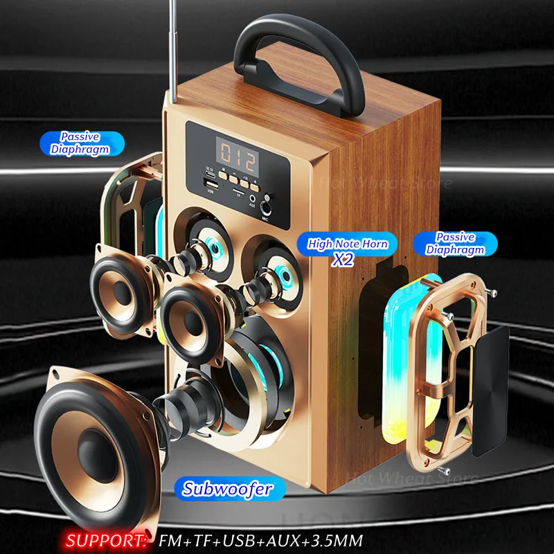 خشبية عالية الجودة كاريوكي سمّاعات بلوتوث في الهواء الطلق المحمولة HIFI مضخم صوت ستيريو RGB ضوء جهاز عرض المسرح المنزلي مع 2 هيئة التصنيع العسكري