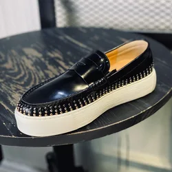 Autumn new round-head thick sole heightening rivet slip-on leather shoes banquet flat heel large size small size men's shoes