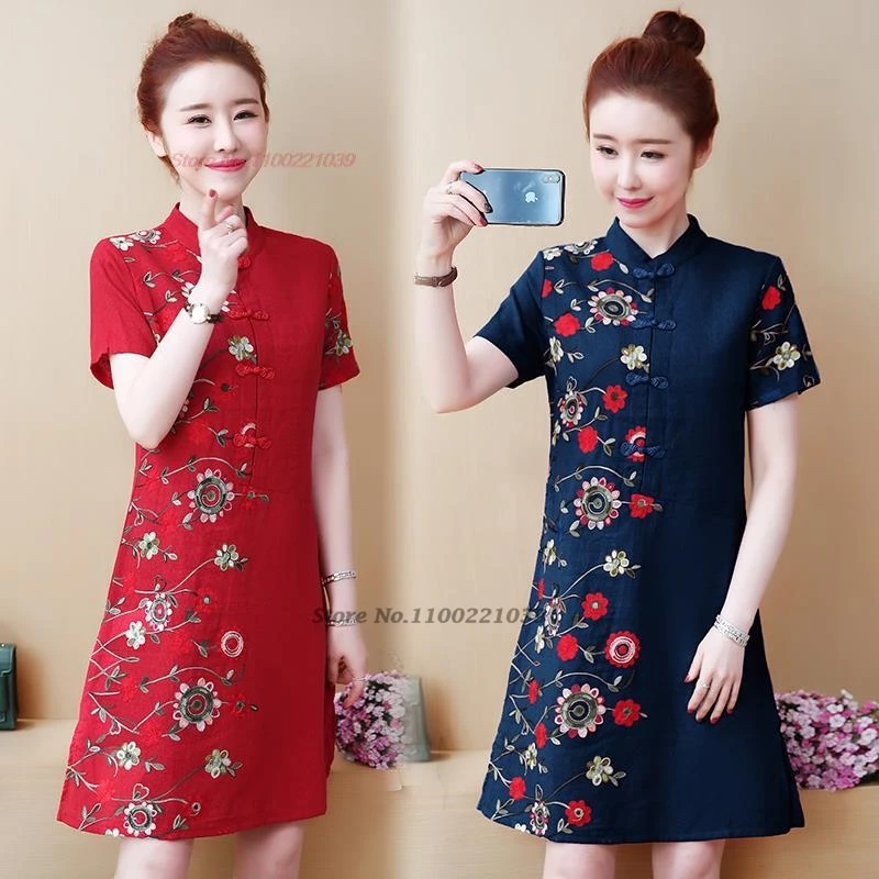 

2025 chinese traditional cheongsam improved qipao vintage dress national flower embroidery a-line dress retro streetwear qipao