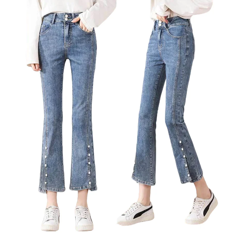 Chic Pearl Beaded Jeans Split Design Flare Women Korean Fashion Skinny Ankle Length High Waist Denim Trousers Capris Jeans