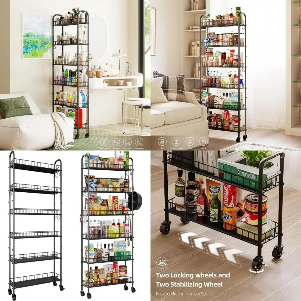 

6-уровневая металлическая тележка для хранения на колесиках с крючками для кухни, ванной комнаты, гостиной, стирки — компактный органайзер черного цвета