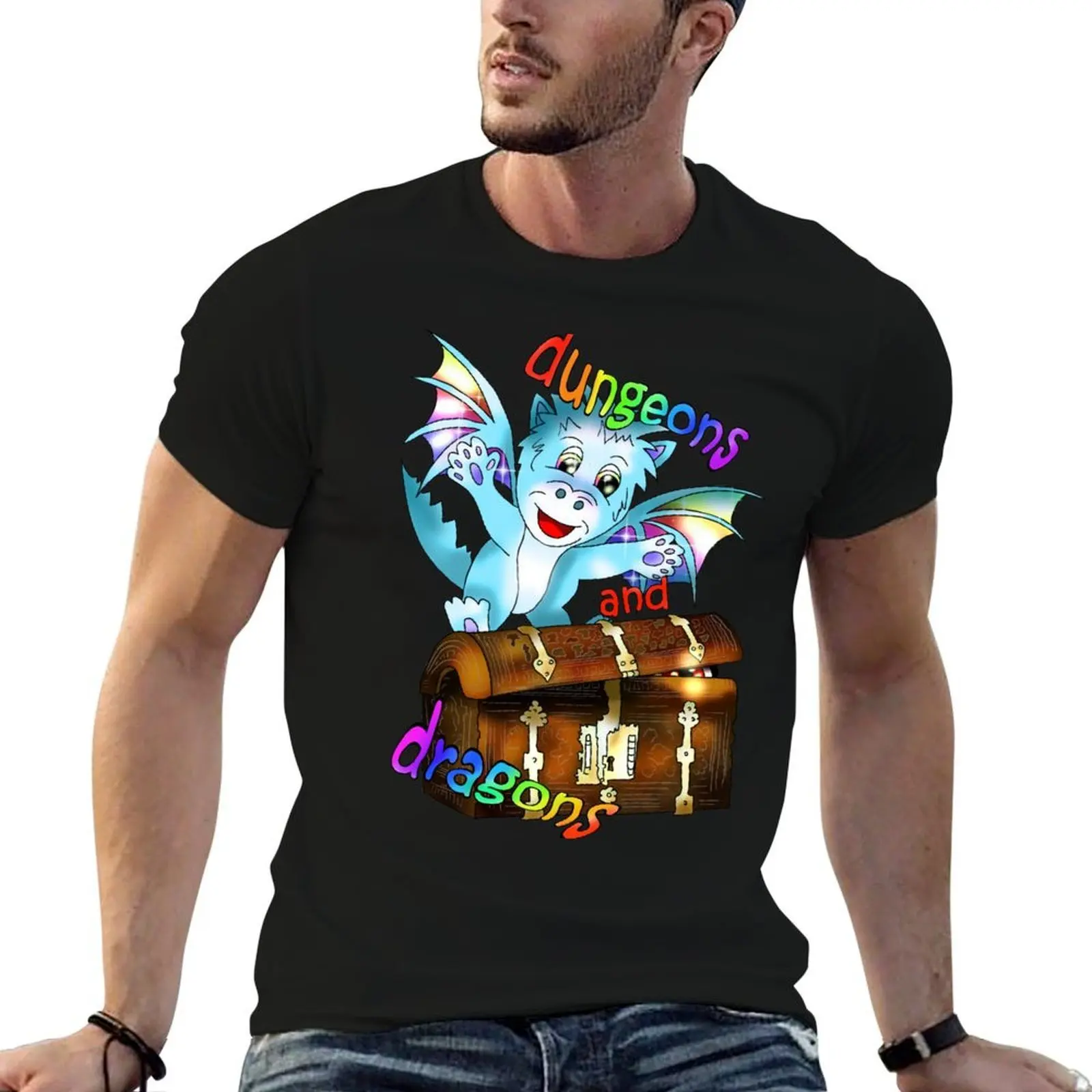 

cute dnd dragon and mimic chest T-Shirt man graphic t shirt black cotton t-shirt plain for man package T-Shirt