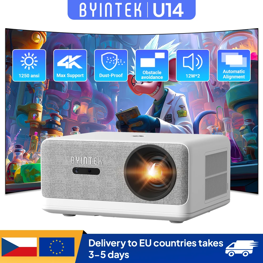 Проектор BYINTEK LOVE U14 Full HD 1080P 4K Smart Bluetooth WiFi 6, поддерживаемый 1250ANSI с автофокусом, проекторы для домашнего кинотеатра и кинотеатра