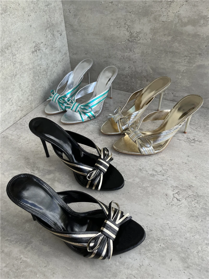 

Женские летние сандалии большого размера с цветными полосками и узлом, на высоком тонком каблуке, удобные для повседневной носки