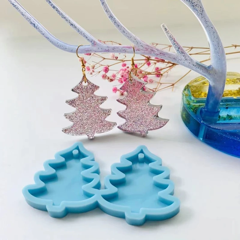 ZB91 Eardrops Ear Stud Dangles Casting Mold UV Crystal Resin Epoxy Mold DIY Cute Christmas Pine Tree Earrings Silicone Mold