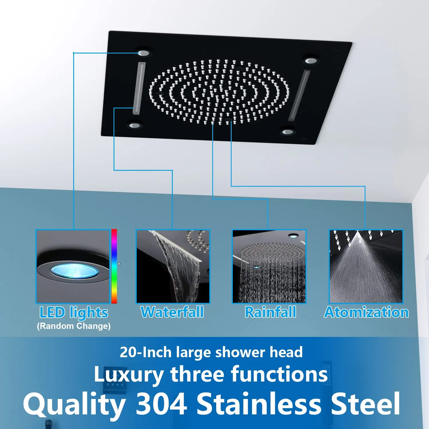 20Inch Ceiling LED Rainfall Mist Waterfall Luxury Multi Function Rain Black Thermostatic Shower System Faucet Set with Body Jets
