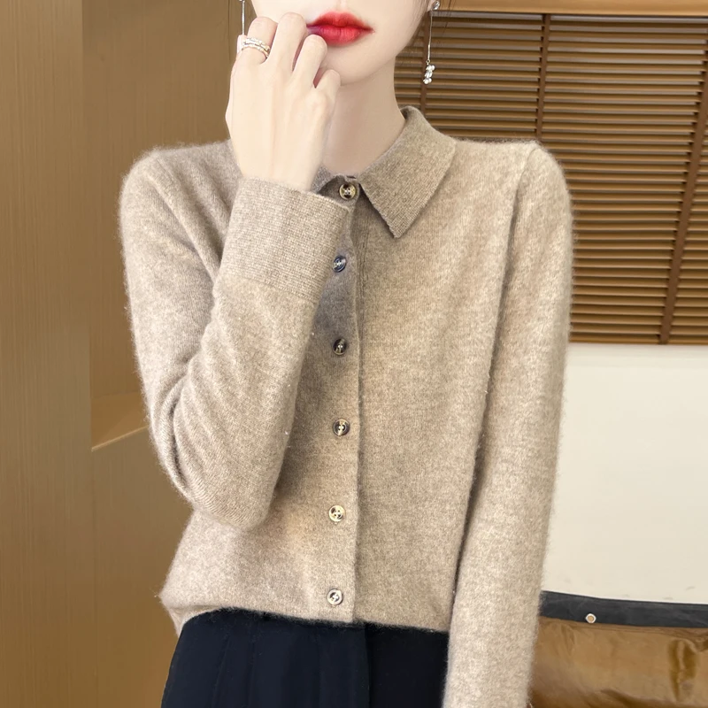 2024 Autumn New Polo Collar 100% Australian Pure Wool Sweater Women's Shirt Collar Outward Flip Collar Cardigan Outward Top