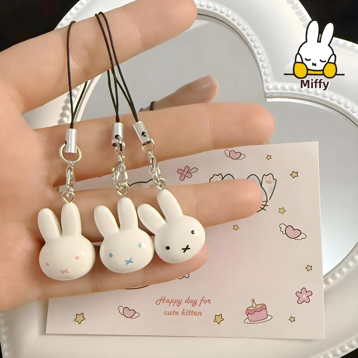 Kawaii Miffy Rabbit Keychain Cute Cartoon Soft and Adorable Girl Heart Cream Bell Cartoon Bag Decoration Best Friend Gift