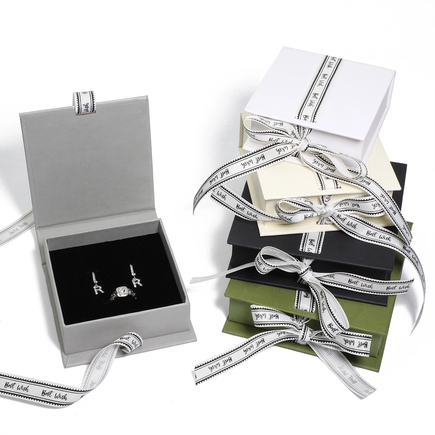 Black White Green Color Flip Paper Jewelry Packaging Box Ribbon Bow Necklace Earring Jewelry Storage Organizer Wedding Case Gift