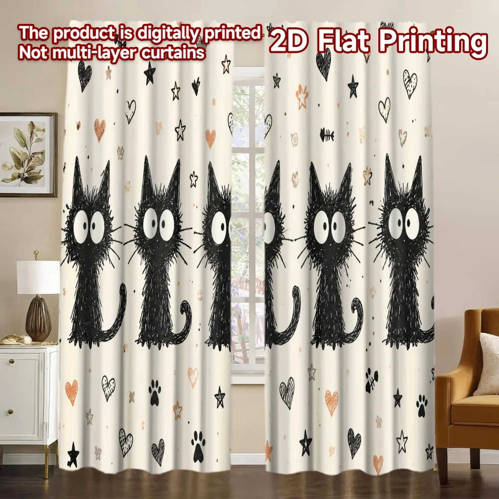 2D FLAT PRINTING 2pcs Curtains (Without Rod) Cute Black Cats Modern Modern Curtain Durable Polyester Curtains Valentine