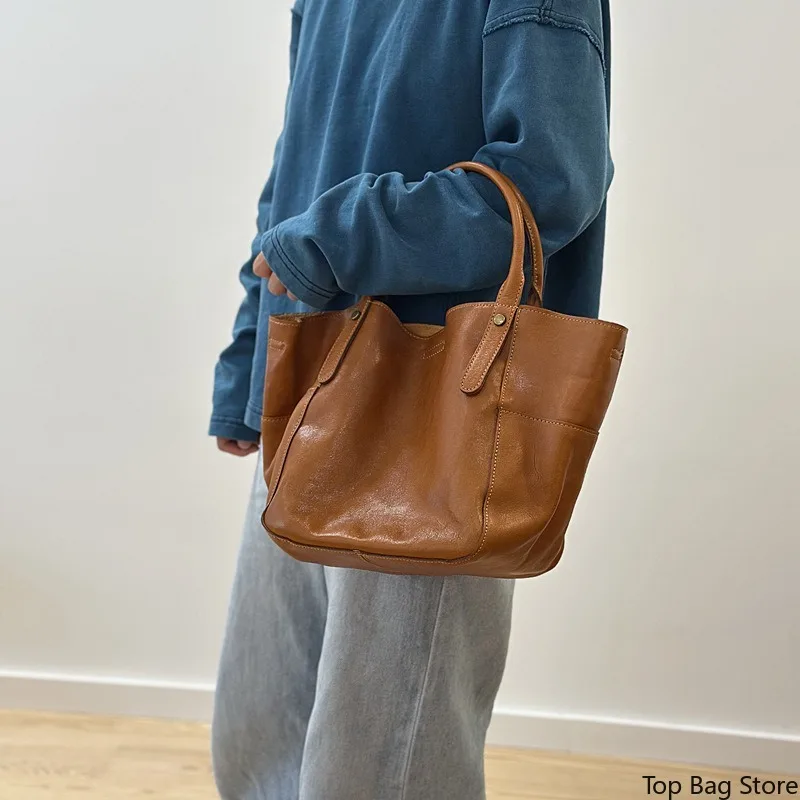 Genuine Leather Bucket Bag for Women Handbag with Detachable Strap Shoulder Bag Logo-Free Minimalist Quiet Luxury