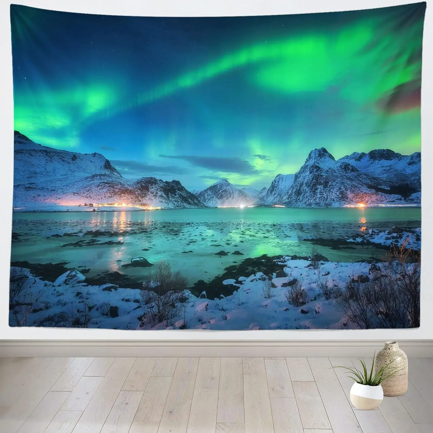 Northern Lights Tapestry, Green Aurora Over Snowy Mountains and Frozen Lake at Night Print Wall Hanging for Home Decor
