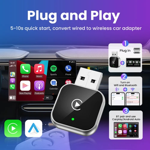 Imagen 2 del producto Trípodeca 2 en 1, adaptador inalámbrico Carplay, Android Auto, Dongle USB inteligente Plug and Play para GMC Audi Porsche MG Opel Chery Hyundai