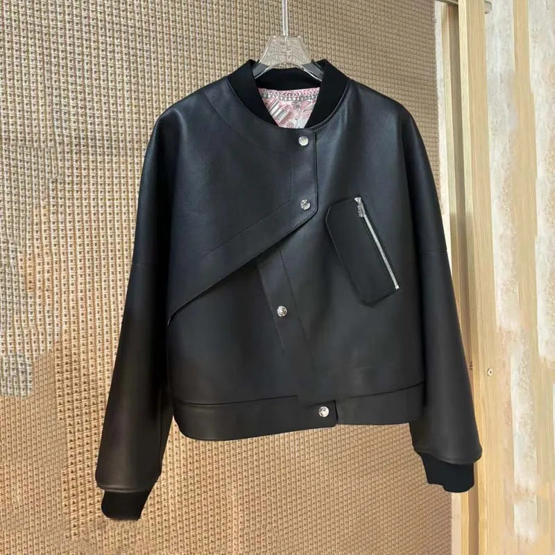 genuine leather jacket 2026 new women coat spring Litchi-patterned sheepskin coat short length high quality o-neck collar