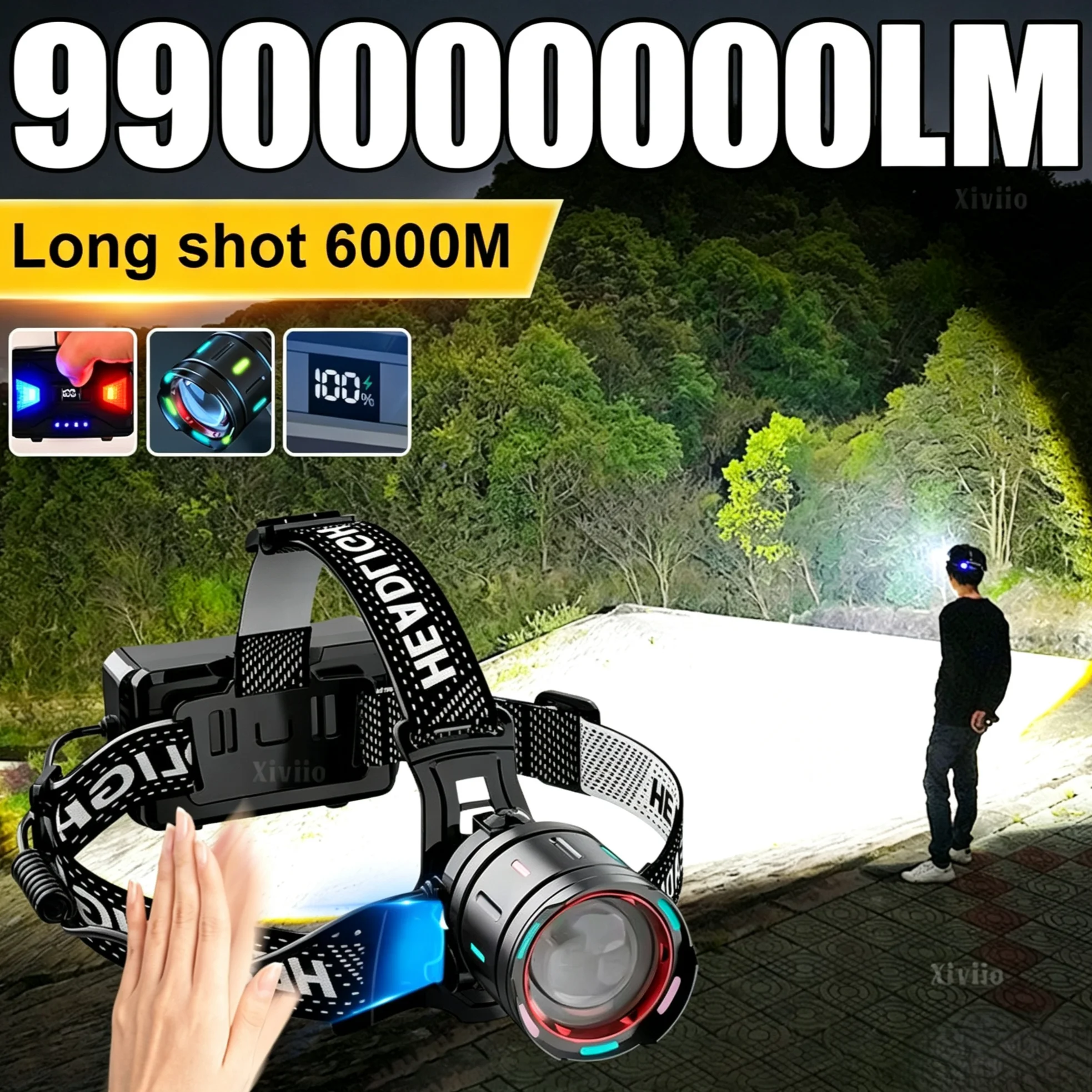 990000000LM High Power 1200W LED Headlamp Super Bright Head Light Zoomable Intelligent Sensing Lamp Rechargeable Outdoor Hunting