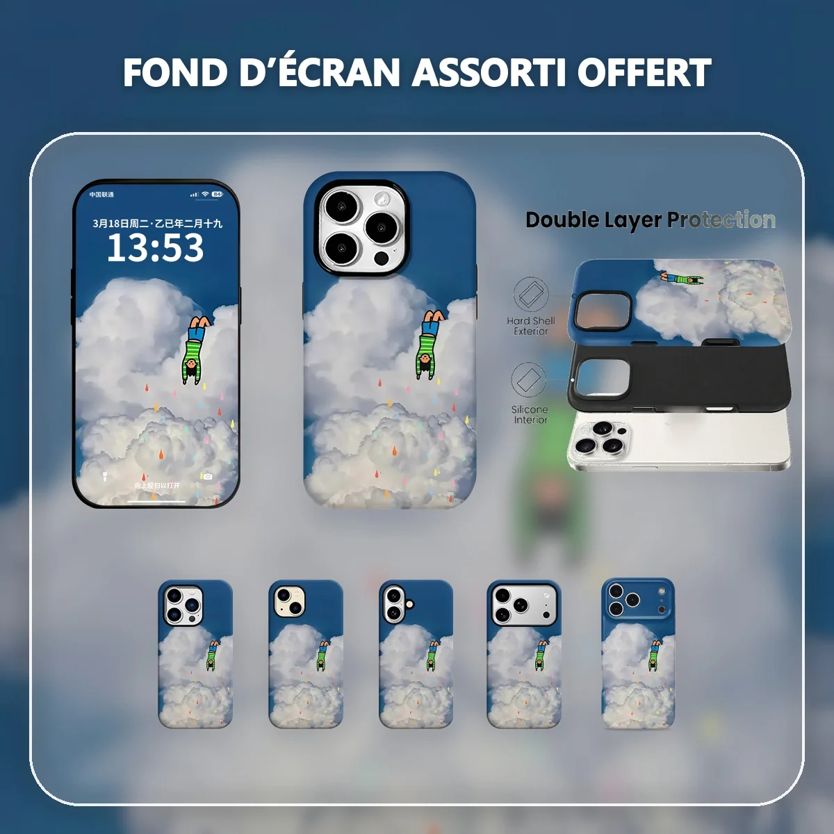 garçon qui tombe pluie colorée dessin animé art surréaliste ciel bleu Coque Hybride Double Couche pour iPhone Séries 12-17