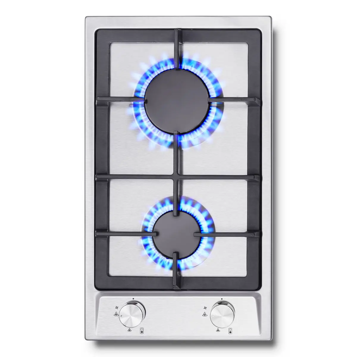 60 cm Gaskochfeld, 2 Brenner, Doppelkraftstoff, NG/LPG und Flammendurchfallschutz | Eingebauter Edelstahl mit Gusseisengittern 2400 W/1800 W